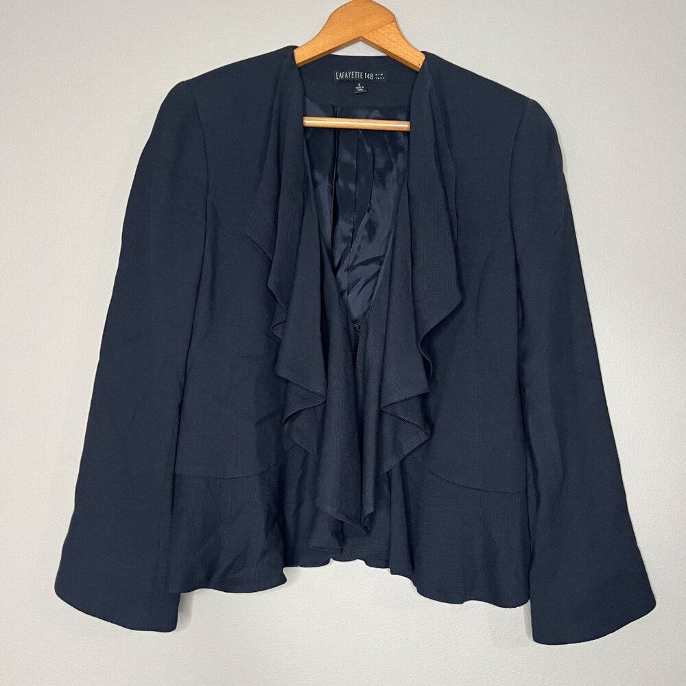 LAFAYETTE 148 Blazer Women's 2‎ Navy Blue Ruffle Front Wool Blend Professional
